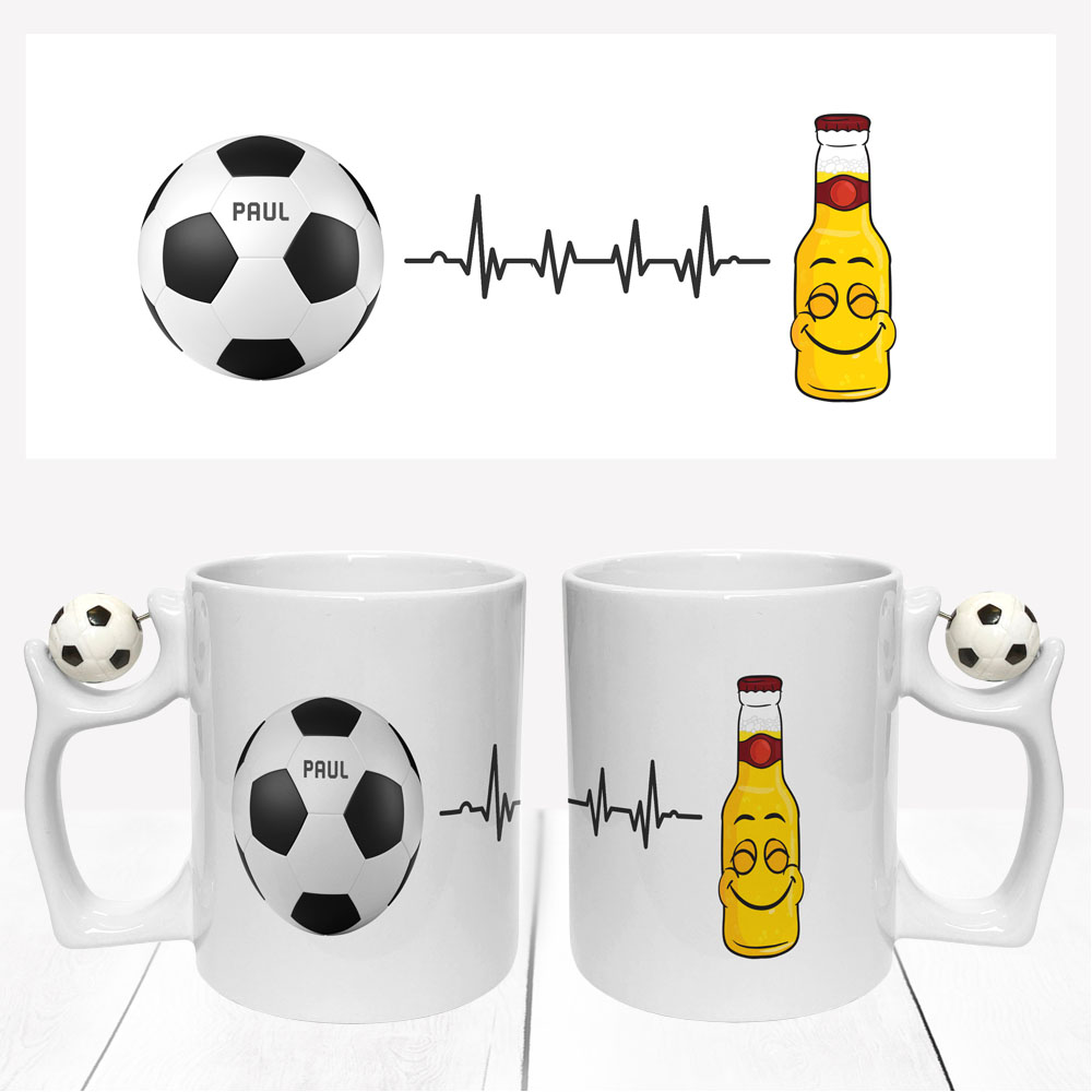 witzige Fußball Tasse mit Name | Herzschlaglinie Bierflasche