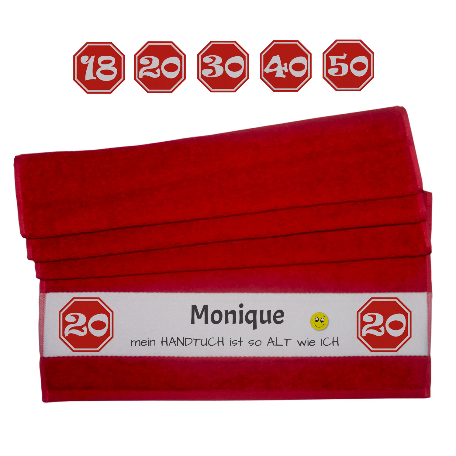 witziges Smile Handtuch rot mit Name zum Geburtstag