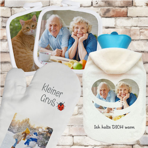 Topflappen und Wärmflaschen mit Foto oder Name