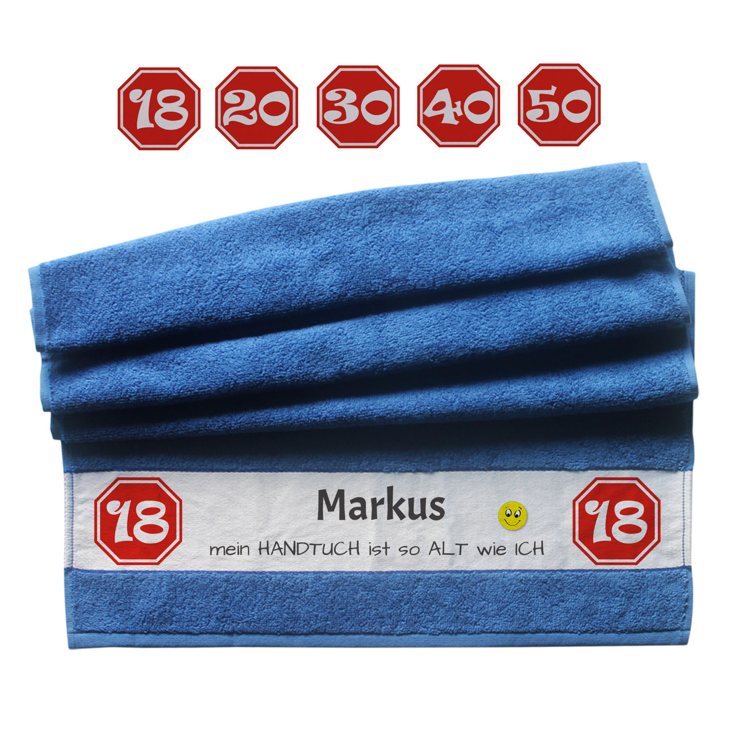 witziges Smile Handtuch blau mit Name zum Geburtstag