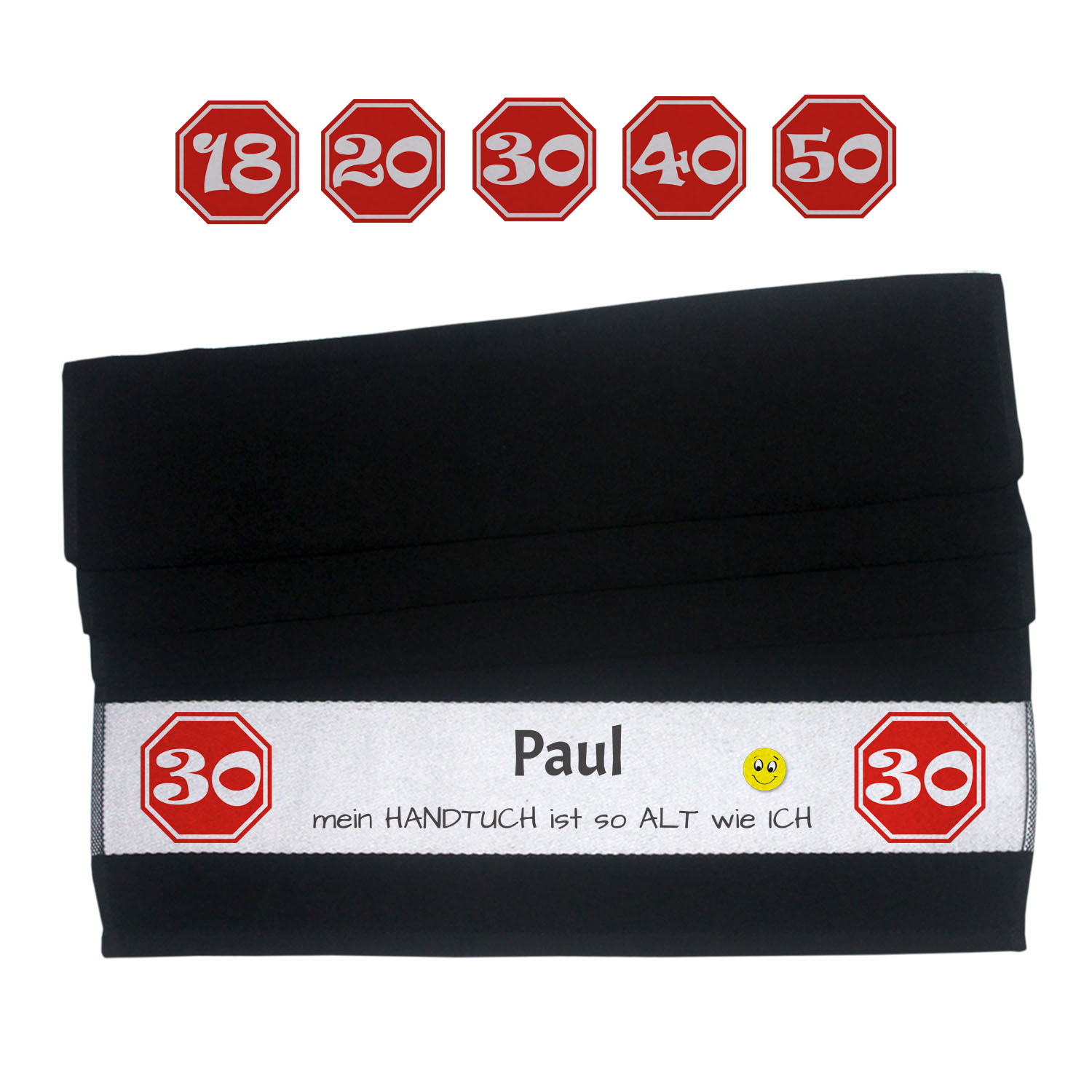 witziges Smile Handtuch schwarz mit Name zum Geburtstag