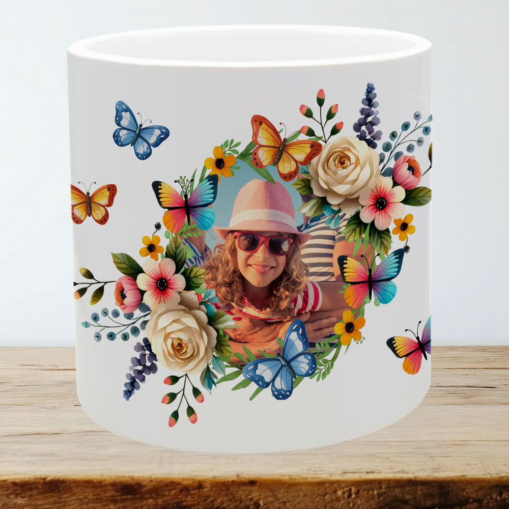 XL Blumentopf mit Foto im Kranz Blumen Schmetterlinge