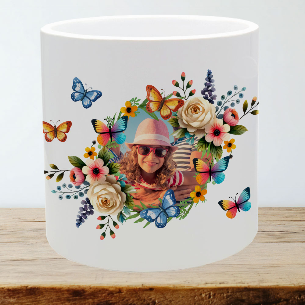XL Blumentopf mit Foto im Kranz Blumen Schmetterlinge