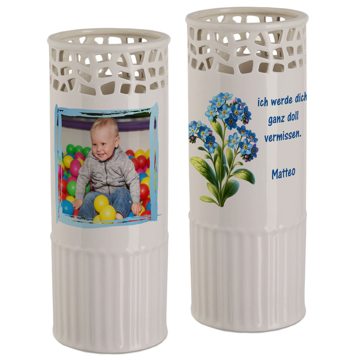 Blumenvase mit Foto Vergissmeinnicht und Wunschtext