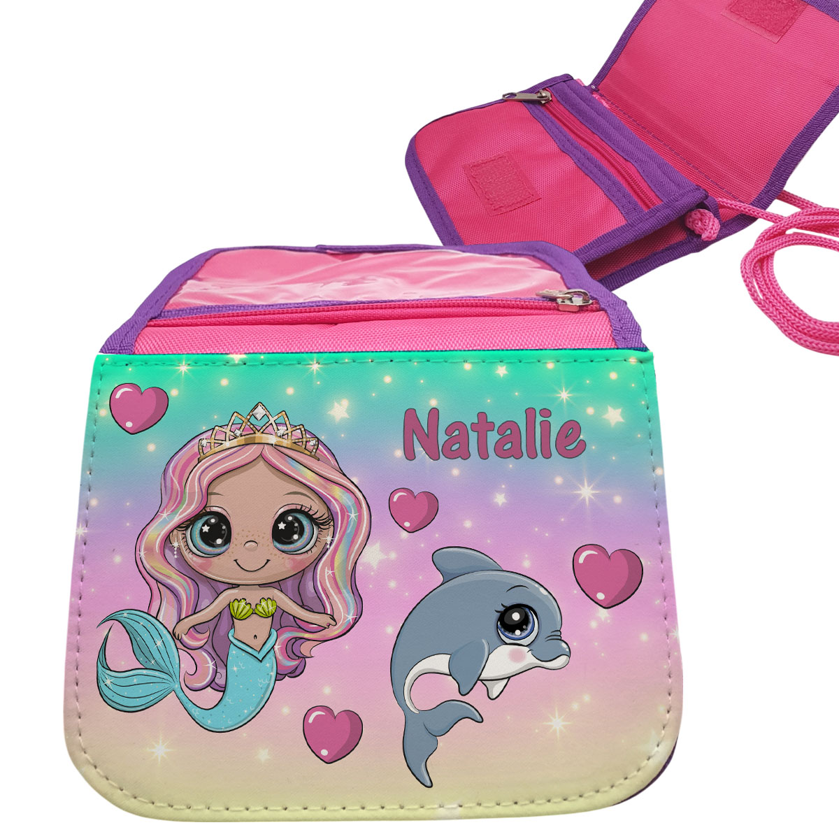 Brustbeutel rosa mit Name Meerjungfrau mit Delfin