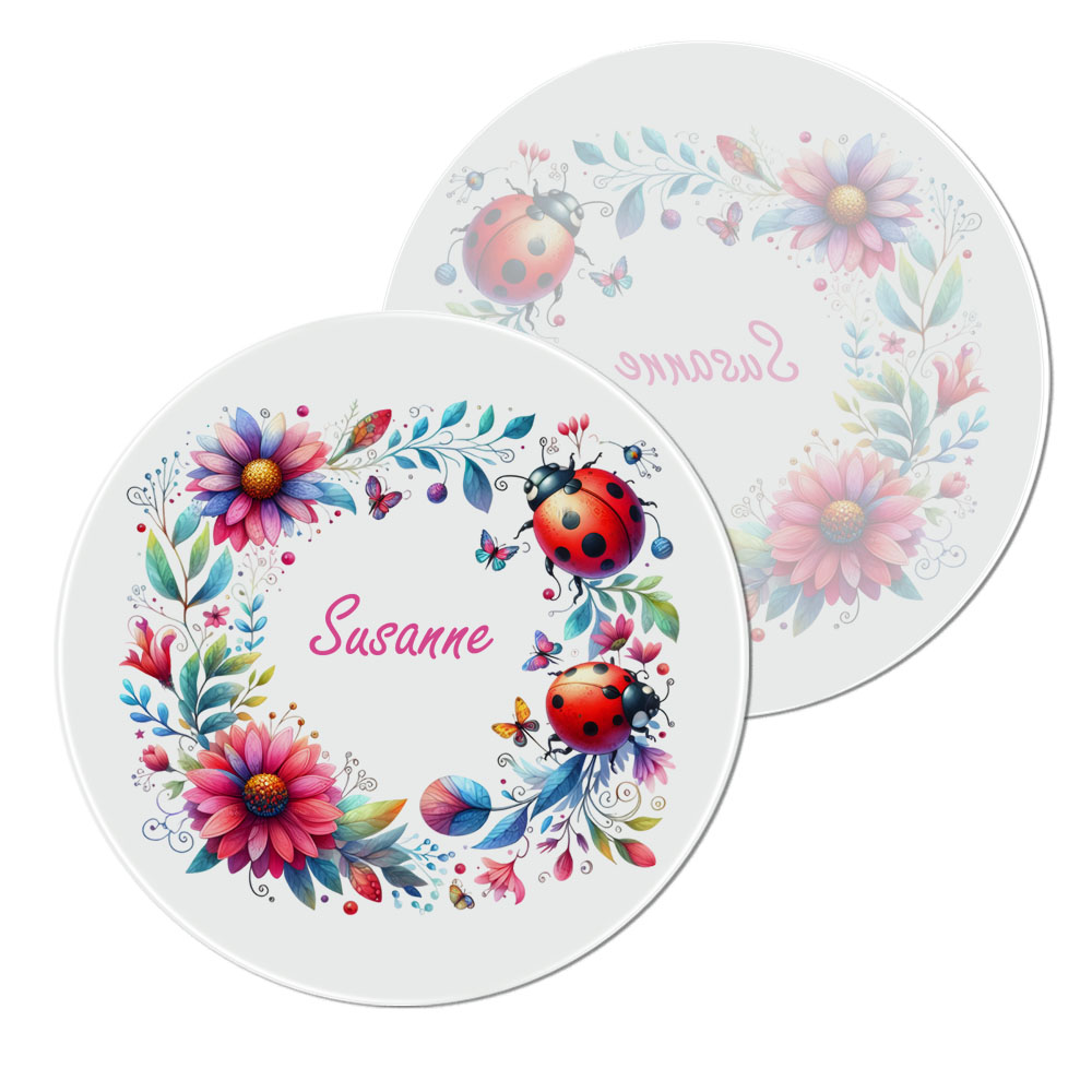 Glas Untersetzer Blumenrahmen Marienkäfer mit Name