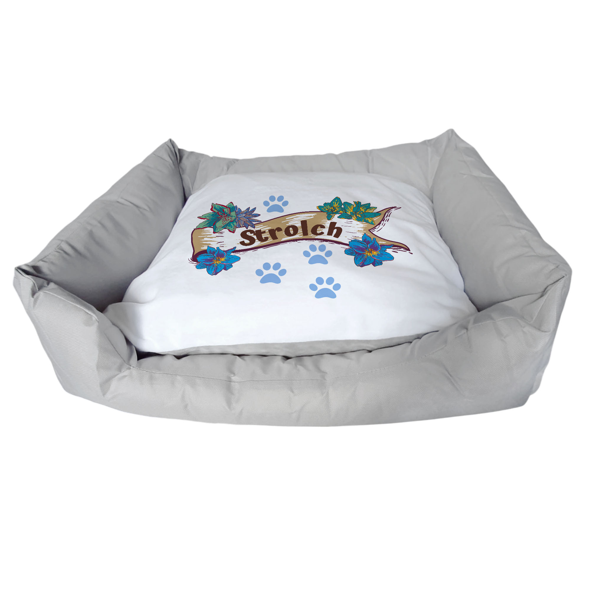 Hundebett mit Name im Blumen-Design blau