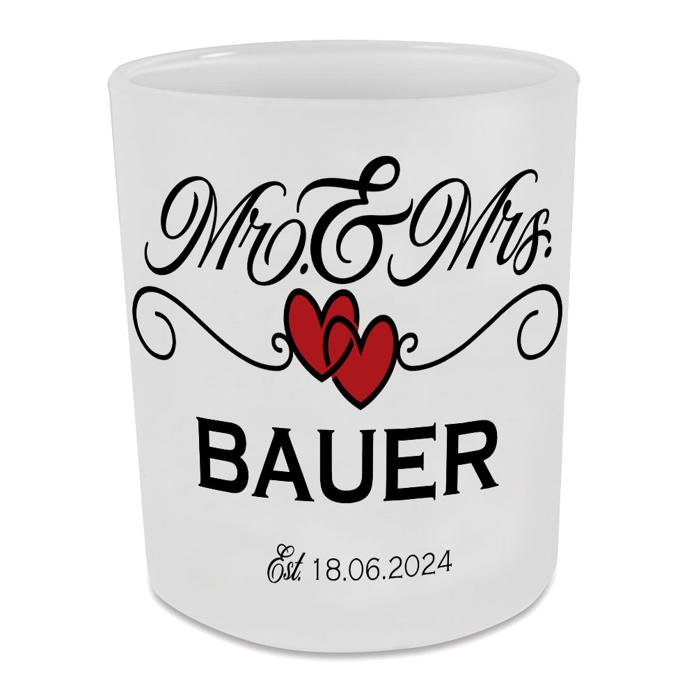 Mr und Mrs Teelichtglas mit Name und Hochzeitsdatum