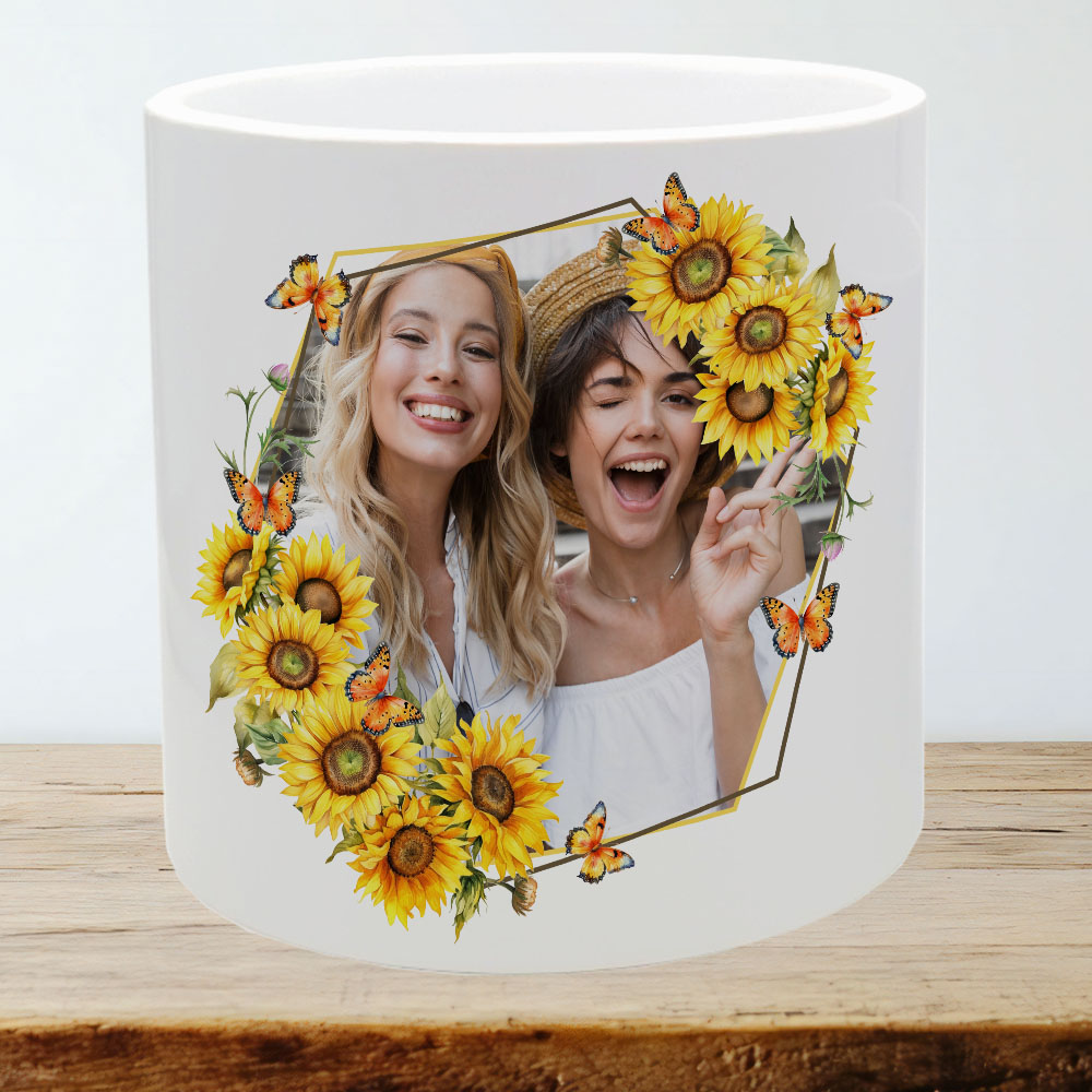 XL Blumentopf mit Foto in Sonnenblumen mit Schmetterlingen