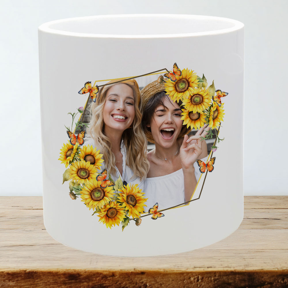 XL Blumentopf mit Foto in Sonnenblumen mit Schmetterlingen