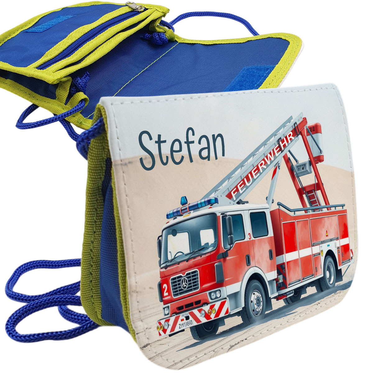 Brustbeutel Jungs Feuerwehrauto mit Name Kindergeldbeutel blau-gelb