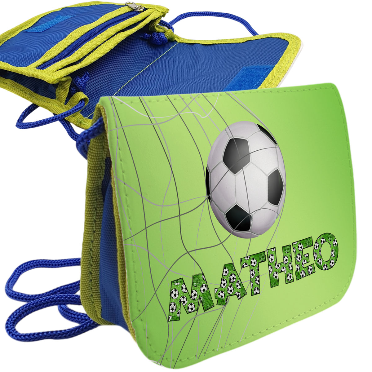 Brustbeutel Jungs mit Name in Fußballschrift Kindergeldbeutel Fußball