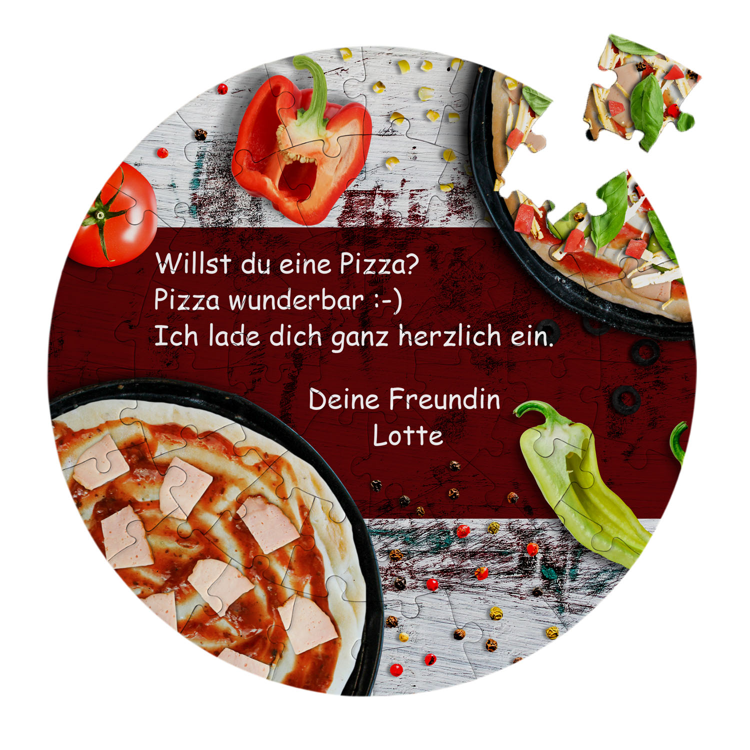 rundes Puzzle mit Wunschtext - Pizza Einladung